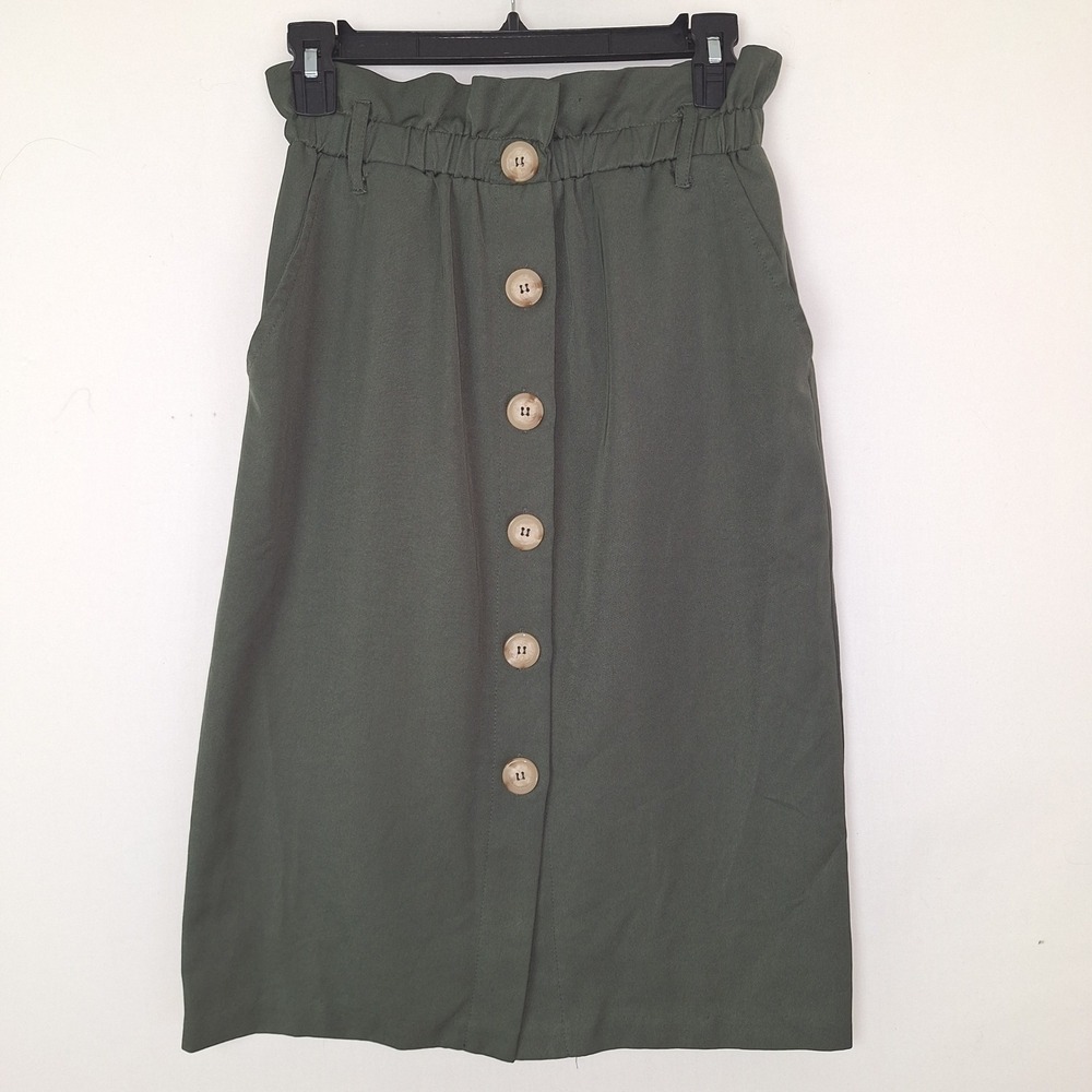 Cottagecore Boho Bohemian Minimalist Utility Olive Green Midi Skirt Entro Small
